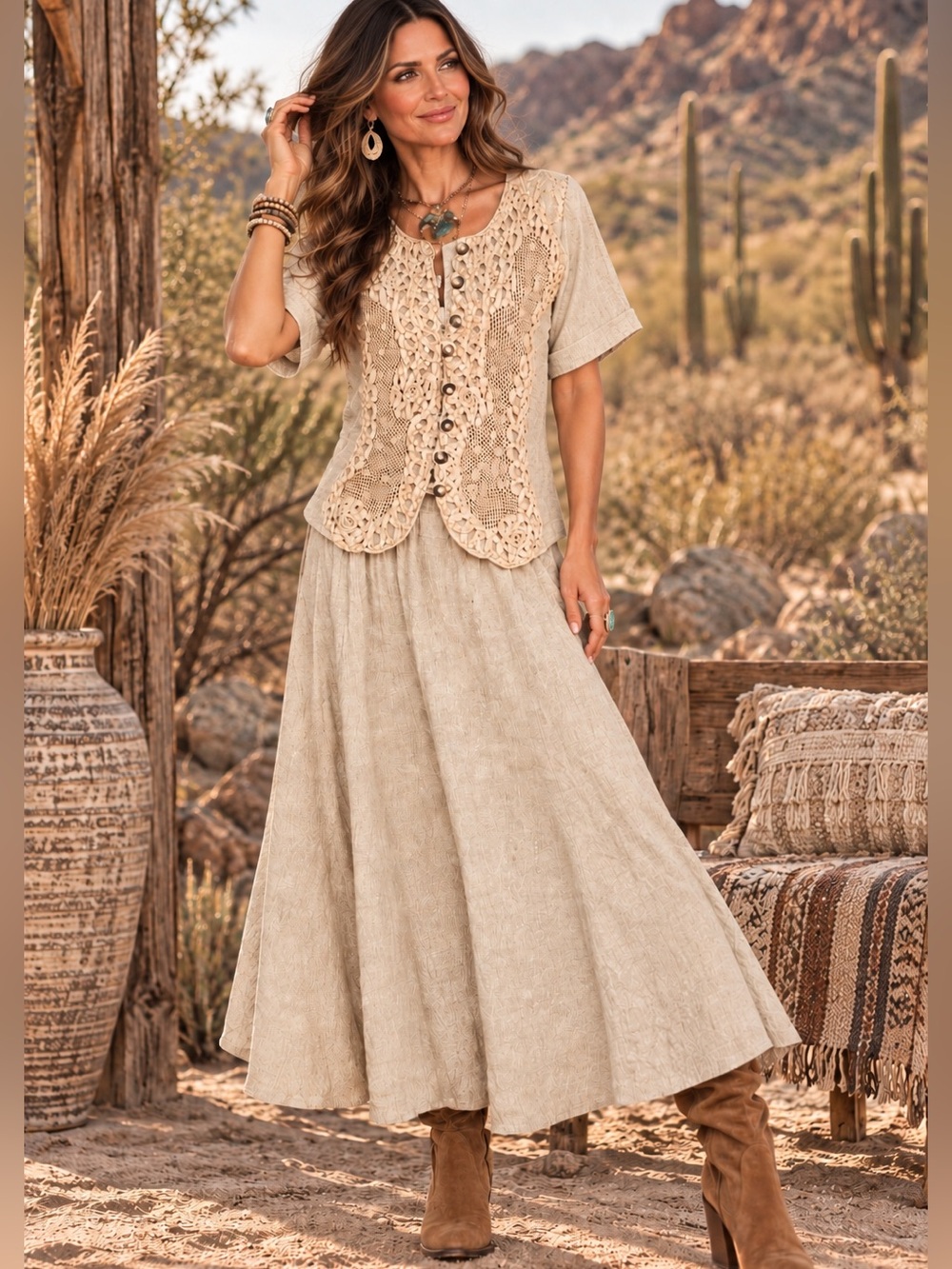 Vintage Neutral Crochet-Detail Maxi Skirt & Top
